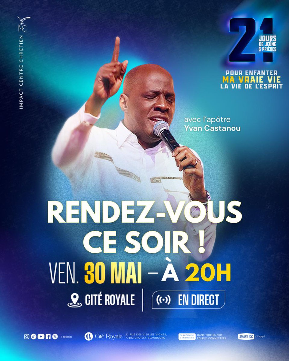 J‑J début des 21 jours de jeûne et de prière pour enfanter ta véritable vie : la Vie de l’Esprit

🗓️ Rendez‑vous ce soir à 20h pour la soirée d’ouverture du programme 🔥

📍 En présentiel à la Cité Royale
🌐 En direct avec toutes nos églises connectées !