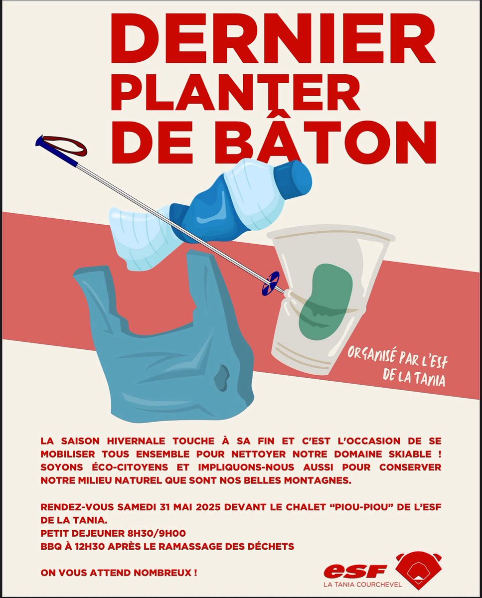 Litter pick and clean up of the local ski area tomorrow morning Sat 31 May 2025. 

Meet at the #LaTania ESF Chalet for breakfast 08:30 / 09:00 and there's a BBQ from 12:30 following the litter collection. 

Well done ESF La Tania for organising this.