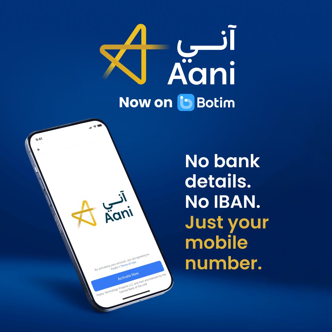 Botimpay's tweet photo. Aani is live on #Botim!🚀 Activate it now and transfer money instantly with just a mobile number 🤩 https://t.co/0wWd3sAtc7