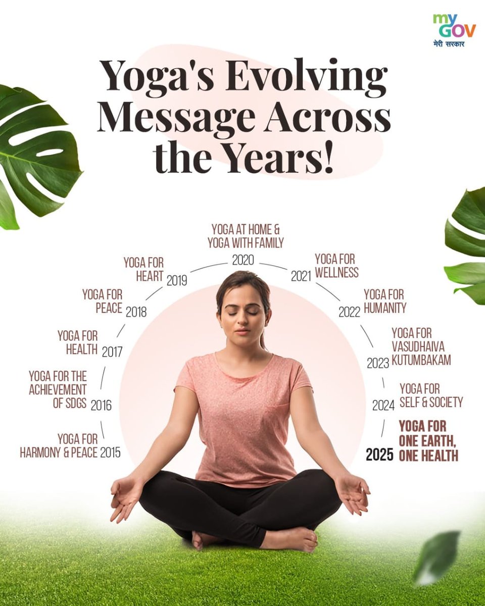 Yoga's Journey Through Time!
From Harmony &amp; Peace to One Earth, One Health - each year, Yoga has carried a deeper message for the world.

A timeless practice. An evolving purpose. A united vision.

#IDY2025 
#Yogaforall
#internationaldayofyoga2025
#yogaforoneearthonehealth