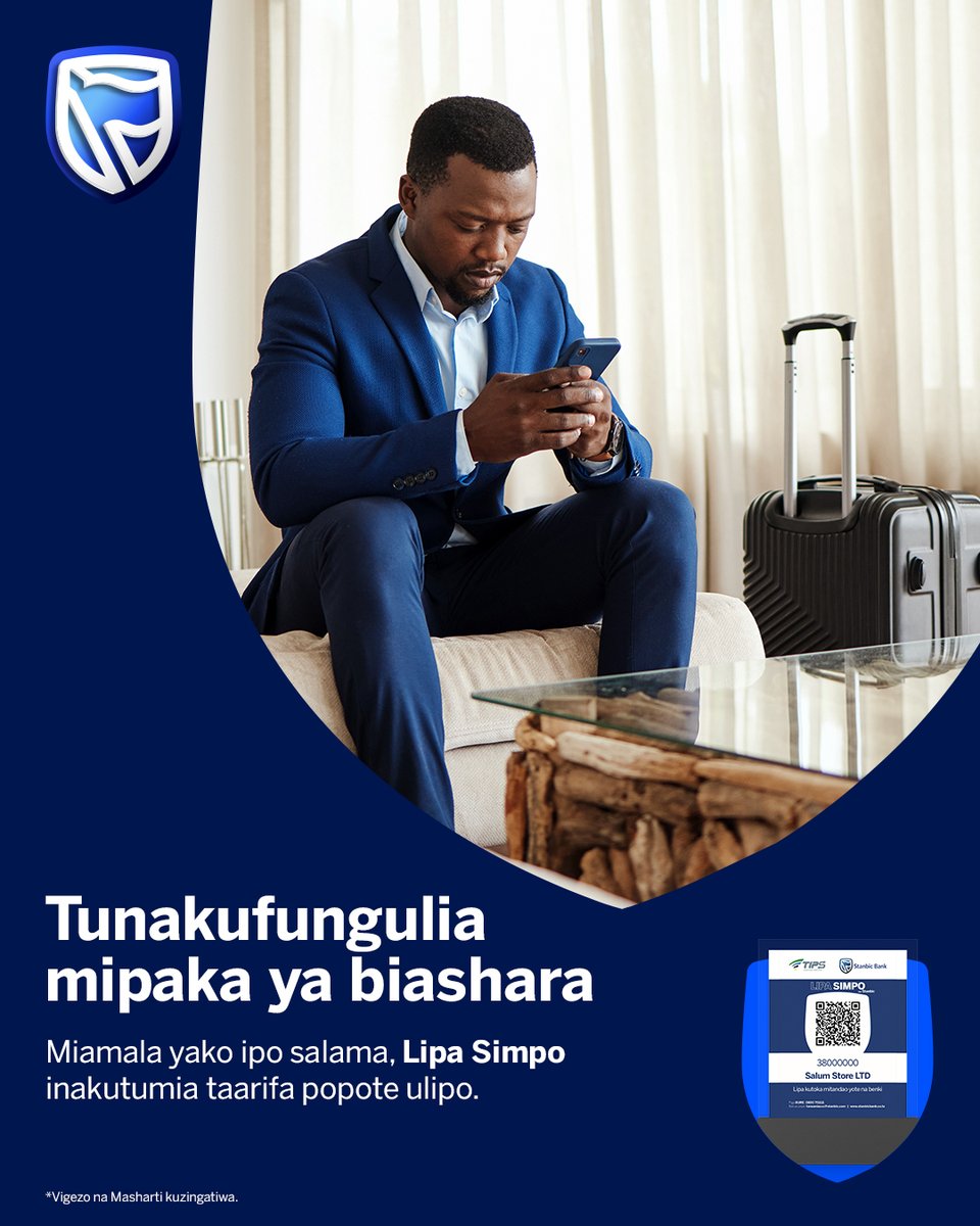 Tunaendelea kuweka juhudi kutanua mipaka ya biashara kwa
wajasiriamali.

Kupitia LIPA SIMPO, pokea malipo moja kwa moja kwenye akaunti yako ya biashara, kisha ulipe wauzaji kupitia huduma yetu ya Borderless Banking ndani ya Afrika Mashariki.

#LipaSimpo

** Vigezo &amp; Masharti