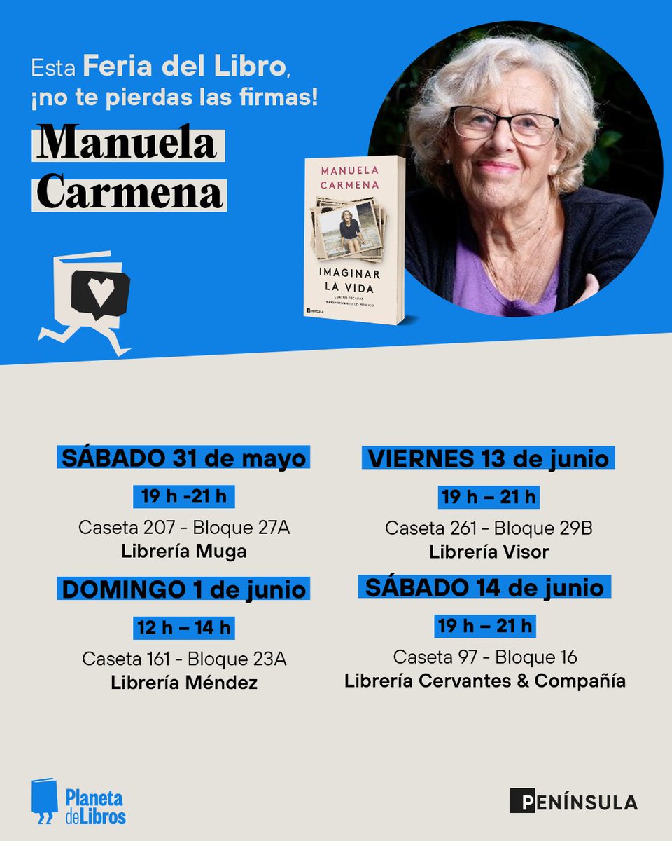 Ediciones Península (@ed_peninsula) on Twitter photo 🎙️¡No te pierdas las firmas de la <a href="/FLMadrid/">Feria del Libro de Madrid</a>! Este fin de semana @manuelacarmena estará firmando ejemplares de 'Imaginar la vida' en las casetas de la feria <a href="/mugalibros/">Librería Muga</a> y <a href="/Mendezlibreria/">Librería Méndez</a> ⬇️⬇️ planetadelibros.com/autor/manuela-… 🎙️¡No te pierdas las firmas de la <a href="/FLMadrid/">Feria del Libro de Madrid</a>! Este fin de semana @manuelacarmena estará firmando ejemplares de 'Imaginar la vida' en las casetas de la feria <a href="/mugalibros/">Librería Muga</a> y <a href="/Mendezlibreria/">Librería Méndez</a> ⬇️⬇️ planetadelibros.com/autor/manuela-…