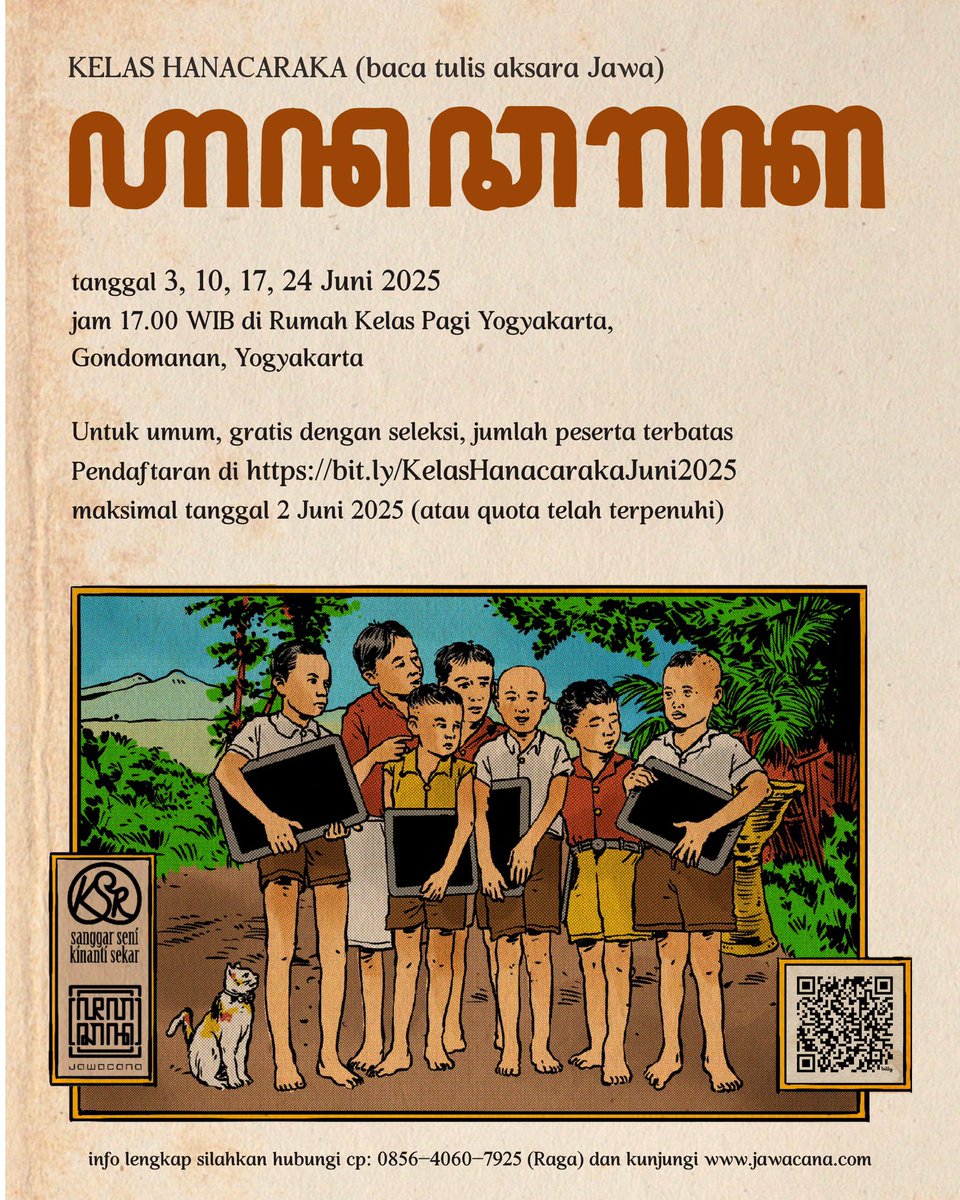 Dibuka angkatan baru Kelas Hanacaraka <a href="/jawacana/">jawacana</a> Juni.

Rasah mbayar, kamu cukup berkomitmen untuk menambah ilmu saja

tapi, kursinya cuma sedikit, jadi cepet2an ngisinya