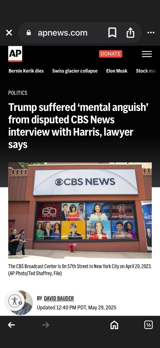 RonMichaelH's tweet image. Donald Trump's lawyer says that the president suffered “mental anguish” from CBS News' editing of an interview last fall with his Democratic election opponent K…

Maybe we all sue Trump for mental anguish….

Source: AP News

share.google/eH0uC1CeGug5Ds…