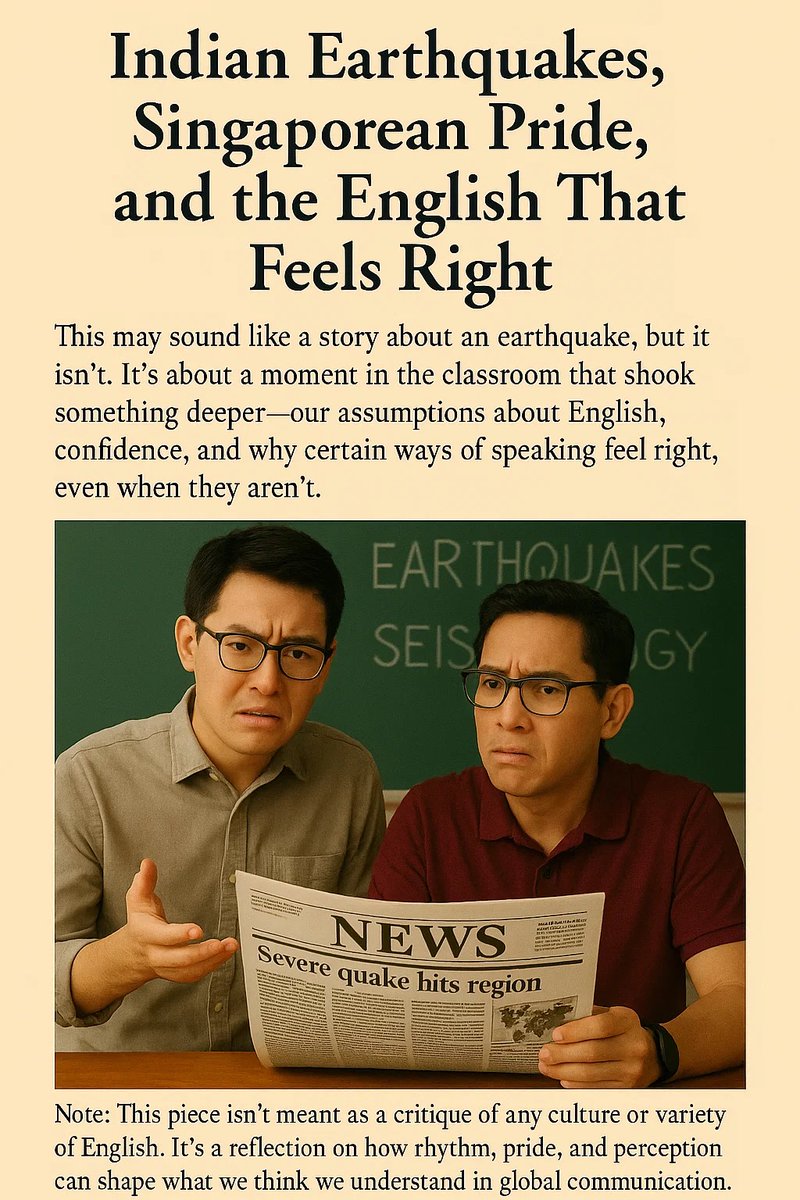 Michael30303521's tweet image. Indian Earthquakes, Singaporean Pride, and the English That Feels Right
He brought a NYT article to prove me wrong.
This wasn’t about grammar. It was about pride, rhythm—and what feels like fluency, even when it’s not.
🔗 facebook.com/mikestrategicc…
#WeeklyColumn #Singlish