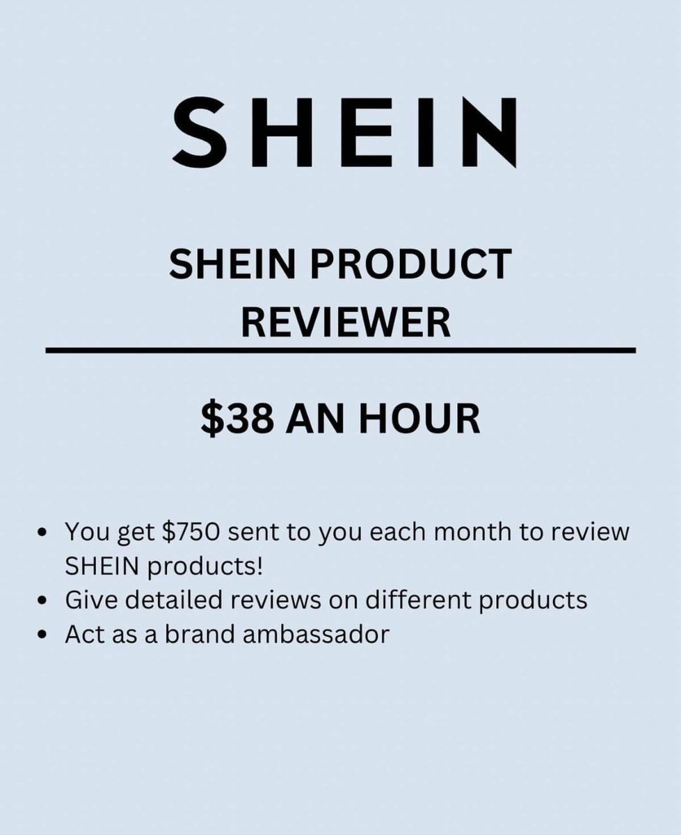 FellMentKE's tweet photo. 8. SHEIN PRODUCT REVIEWER

- $38 an hour

- Receive $750 each month to review SHEIN products
- Provide detailed reviews on various products
- Act as a brand ambassador https://t.co/hrQYr1j0u5