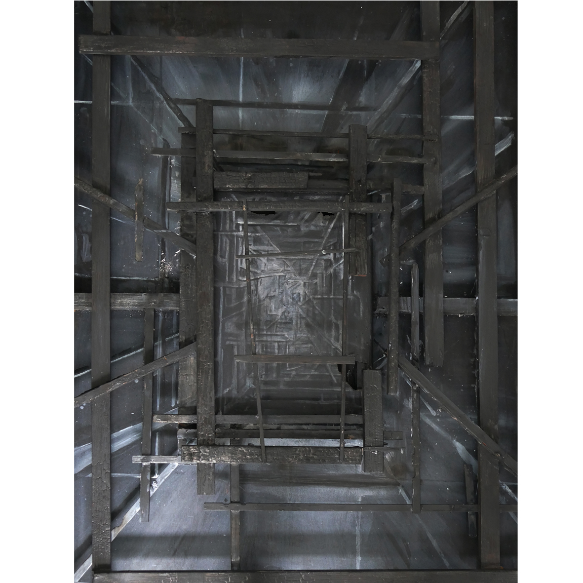 WIP The Cot: Prima Materia   Assemblage.  Acrylic painting on canvas 30cm x 20cm,  charred wood, glue, screws.  

#nigredo #alchemy #ShadowWork #Transformation