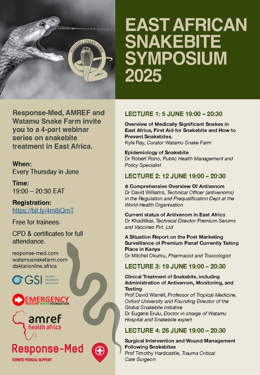 Amref Health Africa in Kenya (@amref_kenya) on Twitter photo 🐍 🩺 You’re Invited: East African Snakebite Symposium 2025
Overall, in sub-Saharan Africa, estimates indicate that up to 32,000 deaths occur annually due to snakebite envenoming and leaving many more with permanent disabilities.
Join <a href="/responsemed254/">Response-Med</a> <a href="/Amref_Worldwide/">Amref Health Africa</a> and 🐍 🩺 You’re Invited: East African Snakebite Symposium 2025
Overall, in sub-Saharan Africa, estimates indicate that up to 32,000 deaths occur annually due to snakebite envenoming and leaving many more with permanent disabilities.
Join <a href="/responsemed254/">Response-Med</a> <a href="/Amref_Worldwide/">Amref Health Africa</a> and