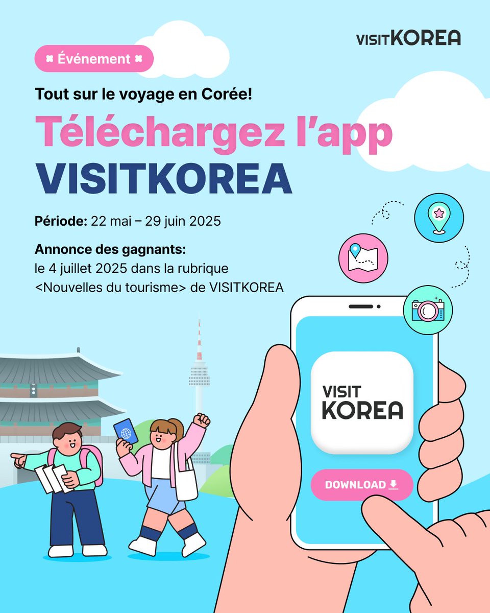 Téléchargez l’app VISITKOREA 🎁

Tentez de gagner un e-coupon ou un calendrier K-Friends !

🗓️ Jusqu’au 29 juin
👉 bit.ly/43y4J1U

#ConcoursCorée #VISITKOREA #VoyageEnCorée