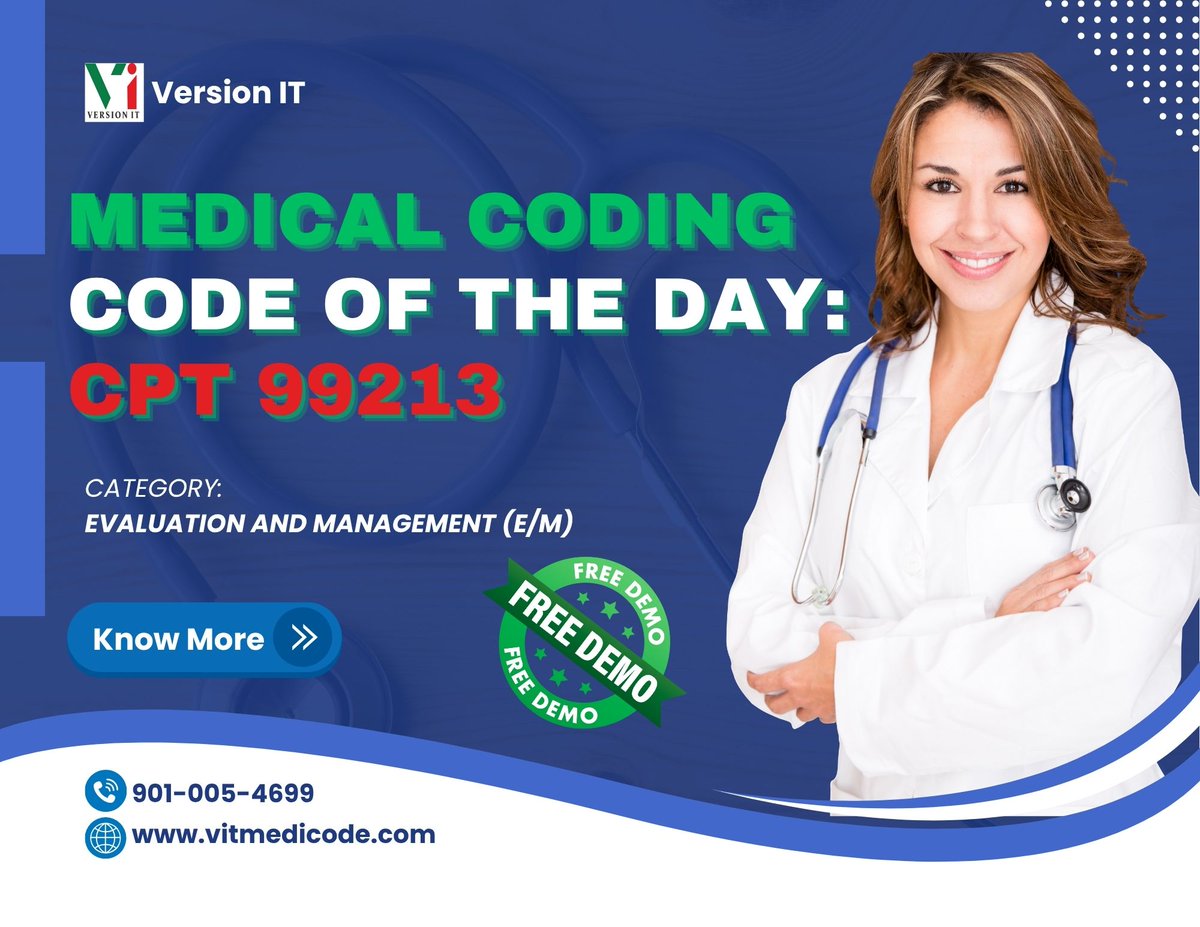 vit_medicode's tweet image. 🎯 Code of the Day: CPT 99213
🔹 Description: Office or other outpatient visit for the evaluation and management of an established patient, typically 15-29 minutes.
🎯Free Demo Session
🗓 Date: June 3rd, 2025
🌐 Visit: vitmedicode.com
📞 Call:+91 9010054699
#medicalcode