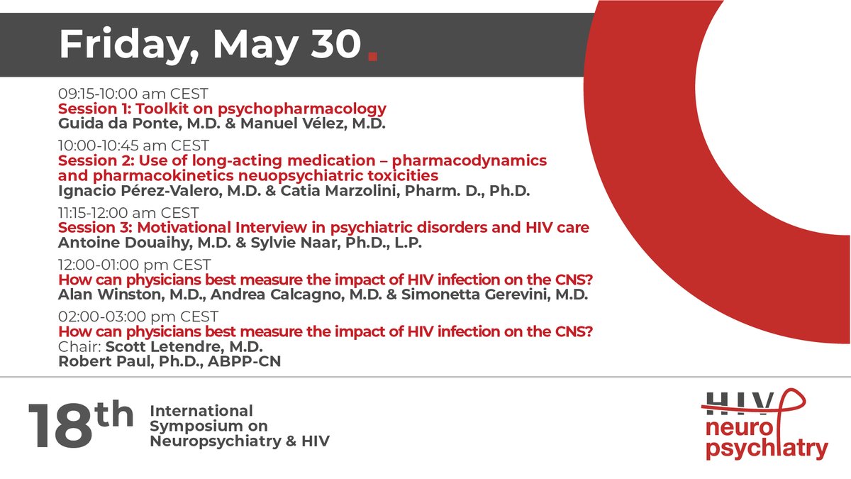 🎓 Friday Morning Highlights at #NeuroHIV25

🕘 9:15 Guida Da Ponte &amp; Manuel Vélez
🕙 10:00 Ignacio Pérez-Valero &amp; Catia Marzolini
🕚 11:15 Antoine Douaihy &amp; Sylvie Naar
🕛 12:00 Alan Winston, Andrea Calcagno &amp; Simonetta Gerevini

<a href="/iasociety/">IAS - the International AIDS Society</a> <a href="/GrupoAF_VIH_SEF/">GrupoAF_VIH_SEFH</a> @FLSscience