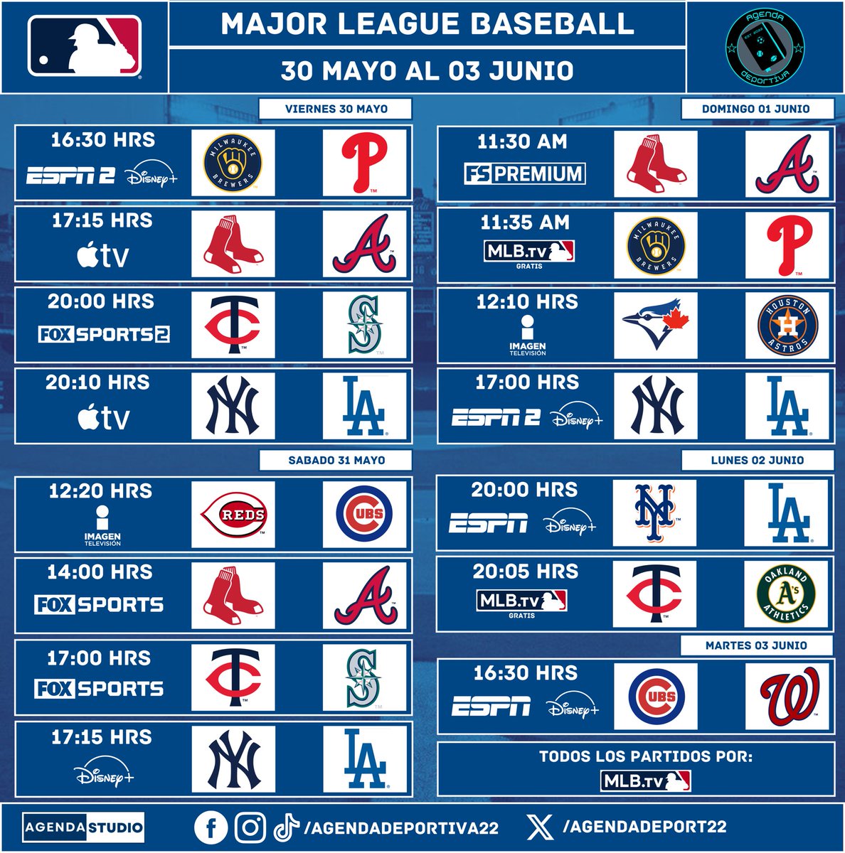 Major League Baseball
30 de Mayo al 03 de Junio
Transmisión: México 🇲🇽
⚠️Programación Sujeta a Cambios⚠️
#MLB
#AgendaDeportiva