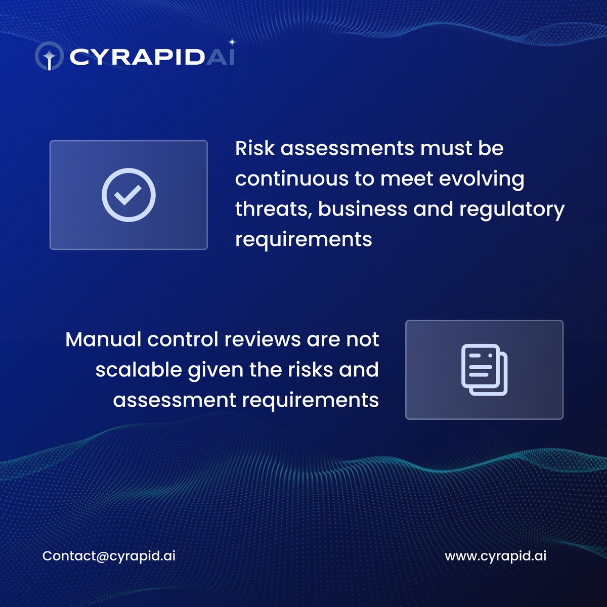 CYRAPID_GenAI's tweet image. The risk landscape is evolving. Third-party exposure, AI enabled threats, and compliance fatigue are now board-level priorities.
#CYRAPIDAI delivers clarity, with research-based, GEN AI driven risk assessments.
Scalable. Continuous. Impactful.
#CyberRisk #GenAI #TPRM