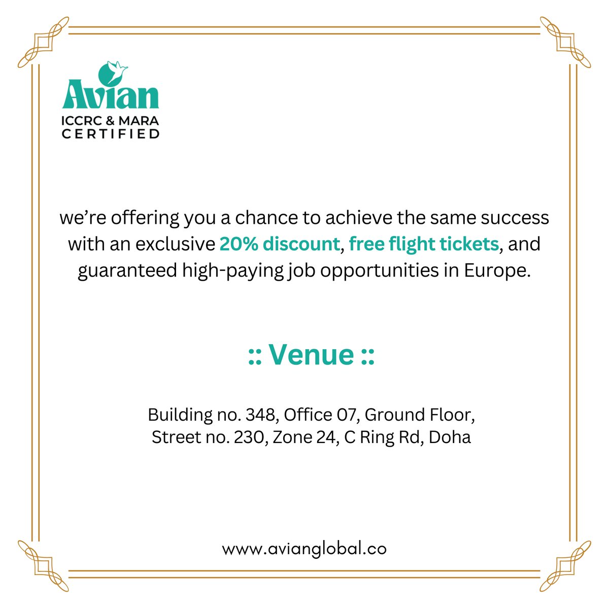 AvianGlobal's tweet image. 🎉 Work Permit Award Ceremony – Special Day Offer! 🎉

✈️ Free Flight Tickets
💼 Guaranteed High-Paying Jobs in Europe

📅 Friday, 30th May

#AvianGlobal #WorkPermitSuccess #CzechRepublicJobs #EuropeCareers #AwardCeremony #WorkAbroad #MigrationGoals #QatarEvents #VisaSuccess