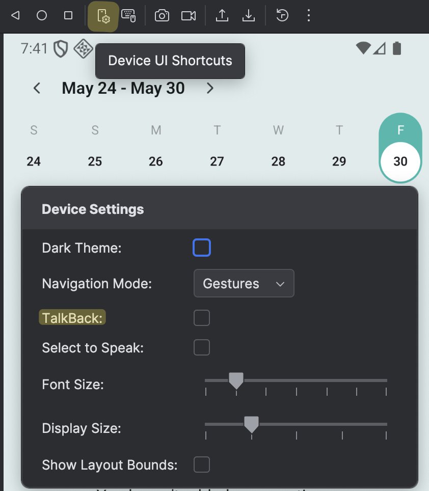 Did you know you can activate TalkBack to verify your application on an Android emulator using the "Device UI shortcut" menu in Android Studio?