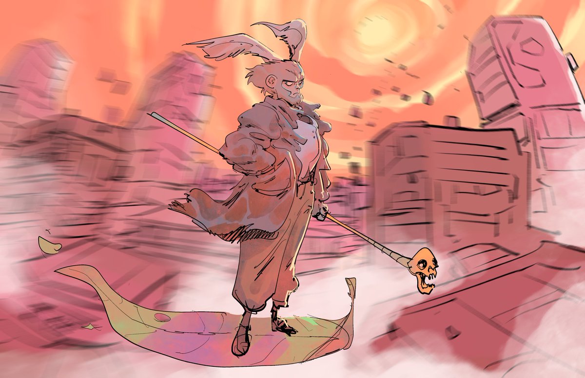 ianlaser's tweet image. A take on The Monkey King I noodle around with sometimes that would follow his grandson who is a private detective in a futuristic city inhabited by mythological animals. Trust me, it’s cool. Drew all these in procreate. #illustration #cartoon #art