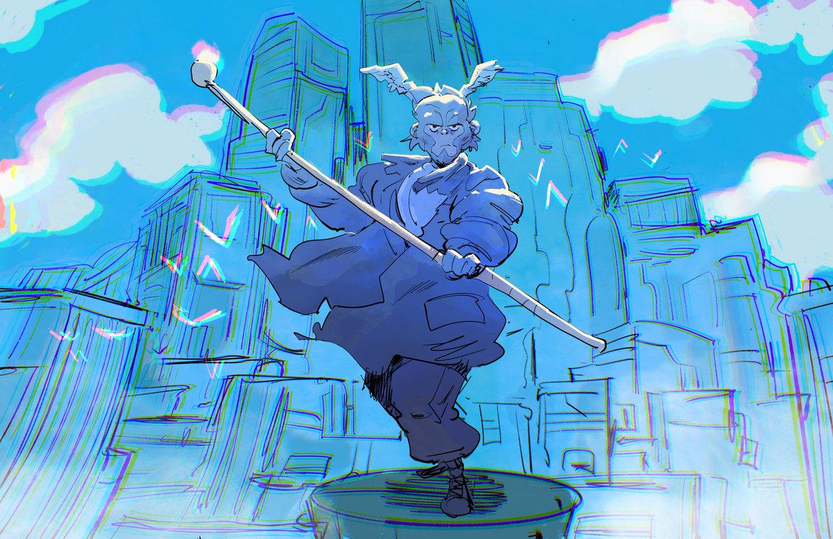 ianlaser's tweet image. A take on The Monkey King I noodle around with sometimes that would follow his grandson who is a private detective in a futuristic city inhabited by mythological animals. Trust me, it’s cool. Drew all these in procreate. #illustration #cartoon #art