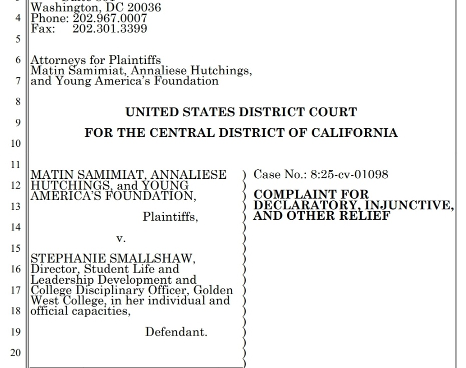 MatinSamimiat's tweet image. As students at #goldenwestcollege , and with great help from #instituteforfreespeech , we've filed a federal lawsuit (Samimiat et al. v. Smallshaw) to defend our First Amendment rights.
Our Young Americans for Freedom chapter faced censorship when we expressed conservative views…
