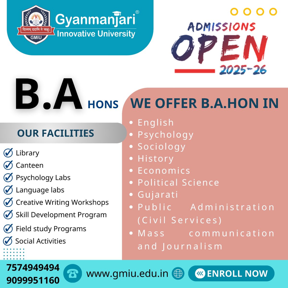 GMGC_Bhavnagar's tweet image. 🎓✨ Admissions Open for 2025-26 at Gyanmanjari Innovative University! 📚

📞 Call Now: 7574949494 / 9099951160
🌐 Visit: gmiu.edu.in
✅ Enroll Now and shape your future!

#GMIU #BAHons #Admissions2025 #CollegeLife #Psychology #MassCommunication #PoliticalScience