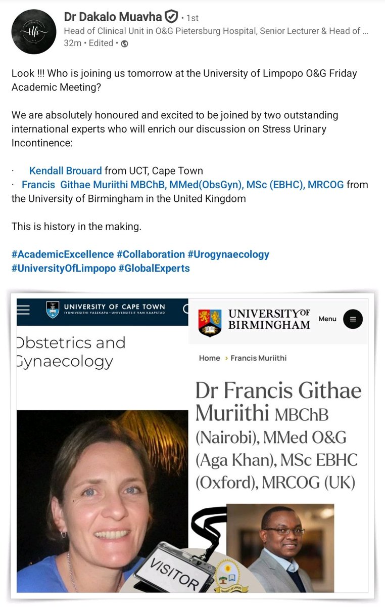Francis Gĩthae Murĩithi, MBChB MMed MSc MRCOG. (@drfgmuriithi) on Twitter photo Delighted to join the Univ of Limpopo’s O&G Friday Academic Meeting today to discuss Stress Urinary Incontinence - Common but underdiagnosed & undertreated especially in Africa, yet with major negative impact on women’s quality of life.
Thanks <a href="/muavha_dakalo/">Dr Dakalo Muavha (Urogynaecologist)</a> for the invite 😊🙏🏽 Delighted to join the Univ of Limpopo’s O&G Friday Academic Meeting today to discuss Stress Urinary Incontinence - Common but underdiagnosed & undertreated especially in Africa, yet with major negative impact on women’s quality of life.
Thanks <a href="/muavha_dakalo/">Dr Dakalo Muavha (Urogynaecologist)</a> for the invite 😊🙏🏽