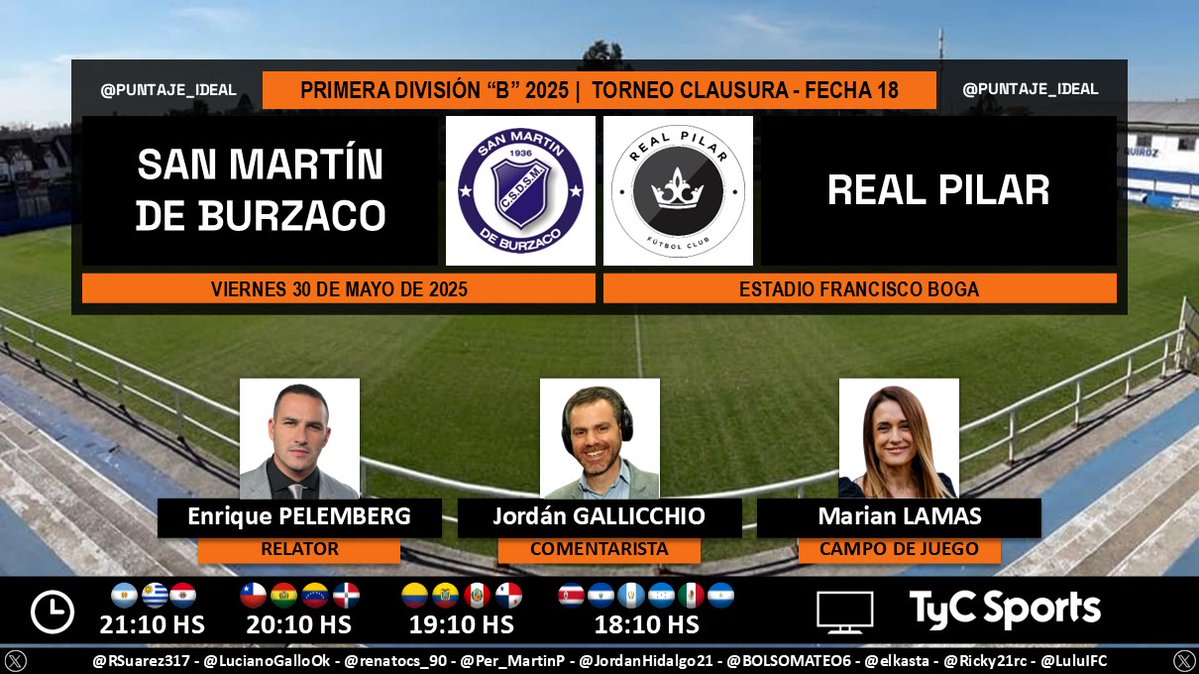 Puntaje Ideal (@puntaje_ideal) on Twitter photo ⚽️ #PrimeraB 🇦🇷 | #SanMartínB vs. #RealPilar
🎙️ Relator: <a href="/epelemberg/">Enrique Pelemberg</a>
🎙️ Comentarista: <a href="/jordangallichio/">Jordán Gallicchio</a>
🎙️ Campo de juego: <a href="/MarianaLamas/">Mariana Lamas</a>
📺 <a href="/TyCSports/">TyC Sports</a> 🇦🇷 y <a href="/TyCSports/">TyC Sports</a> Internacional
💻📲 <a href="/TyCSportsPlay/">TyC Sports Play</a> 🇦🇷
🤳 #NacionalEnTyCSports
Dale RT 🔃 ⚽️ #PrimeraB 🇦🇷 | #SanMartínB vs. #RealPilar
🎙️ Relator: <a href="/epelemberg/">Enrique Pelemberg</a>
🎙️ Comentarista: <a href="/jordangallichio/">Jordán Gallicchio</a>
🎙️ Campo de juego: <a href="/MarianaLamas/">Mariana Lamas</a>
📺 <a href="/TyCSports/">TyC Sports</a> 🇦🇷 y <a href="/TyCSports/">TyC Sports</a> Internacional
💻📲 <a href="/TyCSportsPlay/">TyC Sports Play</a> 🇦🇷
🤳 #NacionalEnTyCSports
Dale RT 🔃