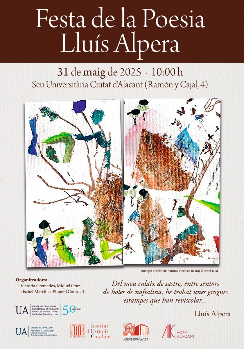 AdA Pavia (@adapavia) on Twitter photo Dissabte cap Alacant a celebrar la poesia 🖍️📕💔
<a href="/AramateixMJ/">Mª Josep Juan Ballester</a> #laCosteraPower Dissabte cap Alacant a celebrar la poesia 🖍️📕💔
<a href="/AramateixMJ/">Mª Josep Juan Ballester</a> #laCosteraPower