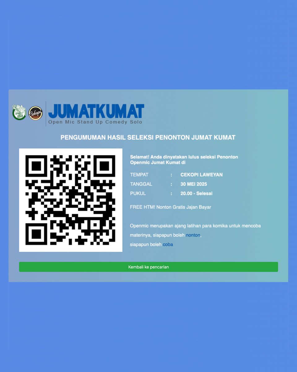 Selamat anda terpilih untuk menonton Openmic Jumat Kumat yang akan diadakan di <a href="/CeKopi/">Cekopi</a> Laweyan jam 8 malam! 

Teruntuk kalian yang mau nonton acara ini gratis tapi yang paling penting jajan!

Jikalau kalian mau openmic bisa DM atau langsung konfirmasi ke MC di tempat.