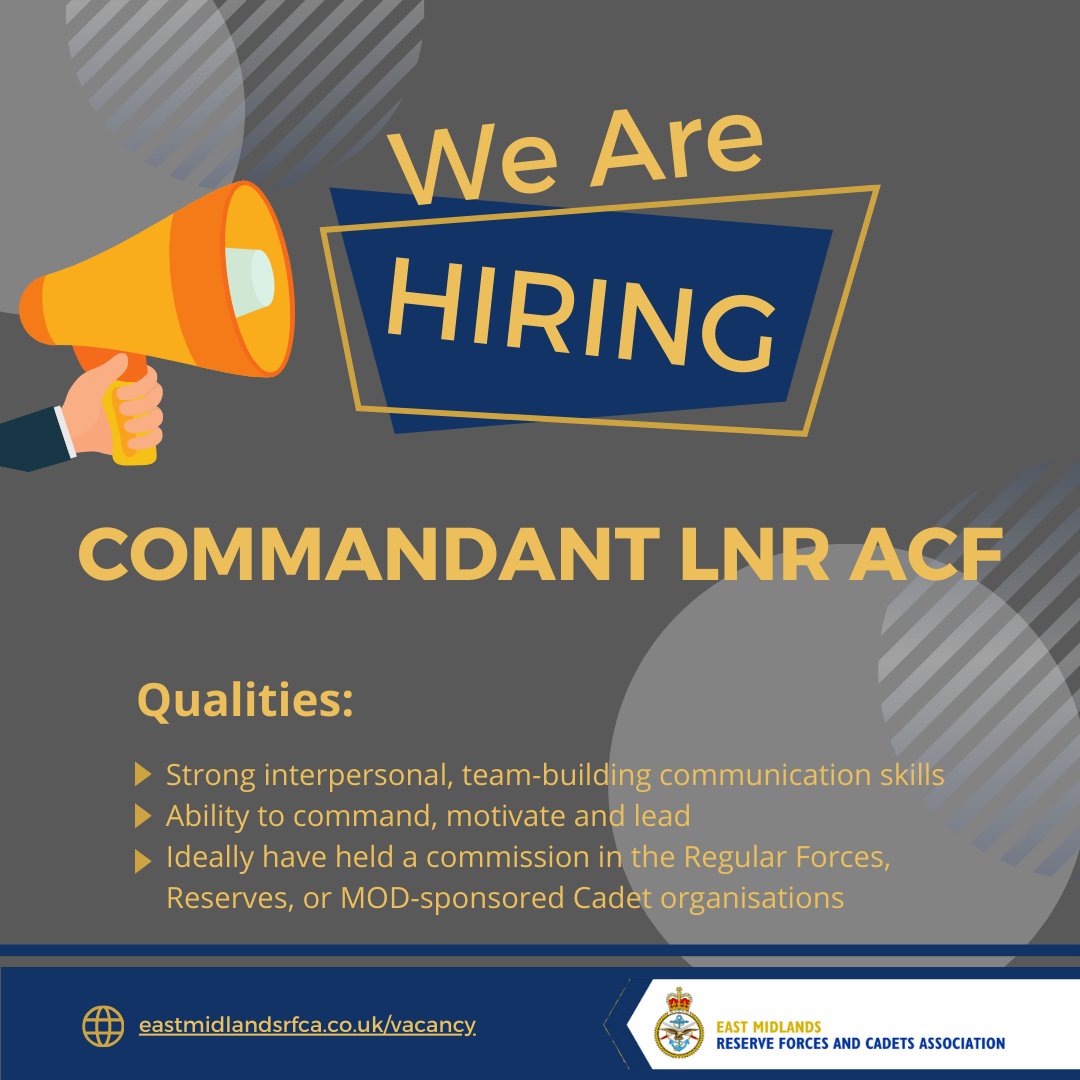 ⏰ | Applications for the voluntary position of County Cadet Commandant for Leicestershire, Northamptonshire &amp; Rutland  Army Cadet Force, close in ONE WEEK!

🕛 | Application deadline: 6th June
📩 | Interested? ow.ly/J84o50V2QmE