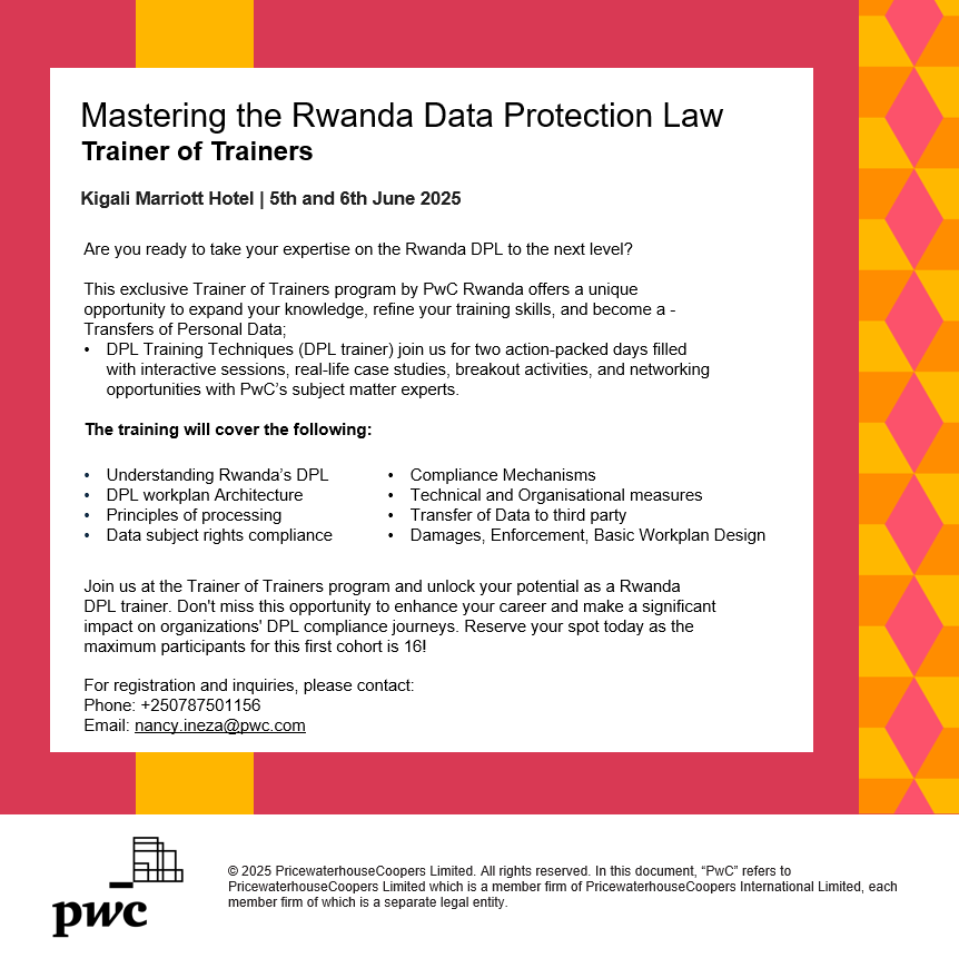 pwc_rw's tweet photo. Join us for our upcoming Data Protection Training designed to equip you with the tools and knowledge to stay compliant, secure, and ahead of evolving threats.
Register now to secure your place https://t.co/dmw3lcrAb7

 #DataProtectionTraining #ComplianceTraining #PwCRwanda https://t.co/QFrIgD8RKp