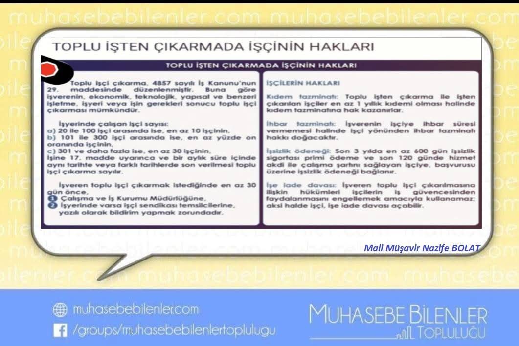 #topluiştençıkarmadaışçininhaklari

#mbt_nazife

TOPLU IŞTEN ÇIKARMADA İŞÇİNiN HAKLARI
Toplu isçi çıkarma, 4857 sayılı İş Kanunu'nun 29. Maddesinde düzenlenmiştir. Buna göre işverenin, ekonomik, teknolojik, yapısal ve benzeri işletme, isyeri veya işin gerekleri sonucu toplu isçi