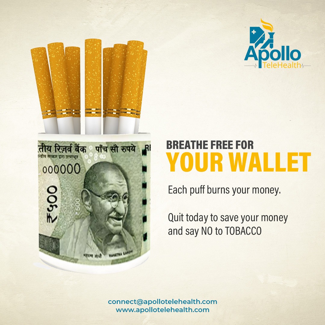 🚭 Quit today to save your money and your life.
Say NO to TOBACCO and YES to a healthier future!
⁠
#WorldNoTobaccoDay #BreatheFree #ApolloTeleHealth #QuitSmoking #LungHealth #TobaccoFreeLife #NoToTobacco #HealthFirst #SayNoToTobacco #telehealth