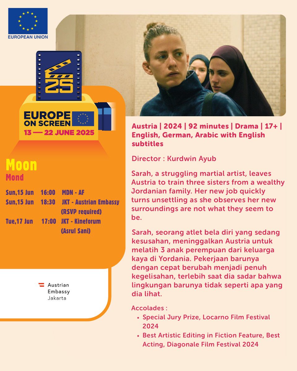 MOON Mond
Austria | 2024 | 92 minutes | Drama | 17+ | English, German, Arabic with English subtitles

15 June16:00 WIBAF Medan
15 June18:30 WIBAustrian Embassy, Jakarta (advance registration required)
17 June17:00 WIBKineforum (Teater Asrul Sani), Jakarta

Director: Kurdwin Ayub