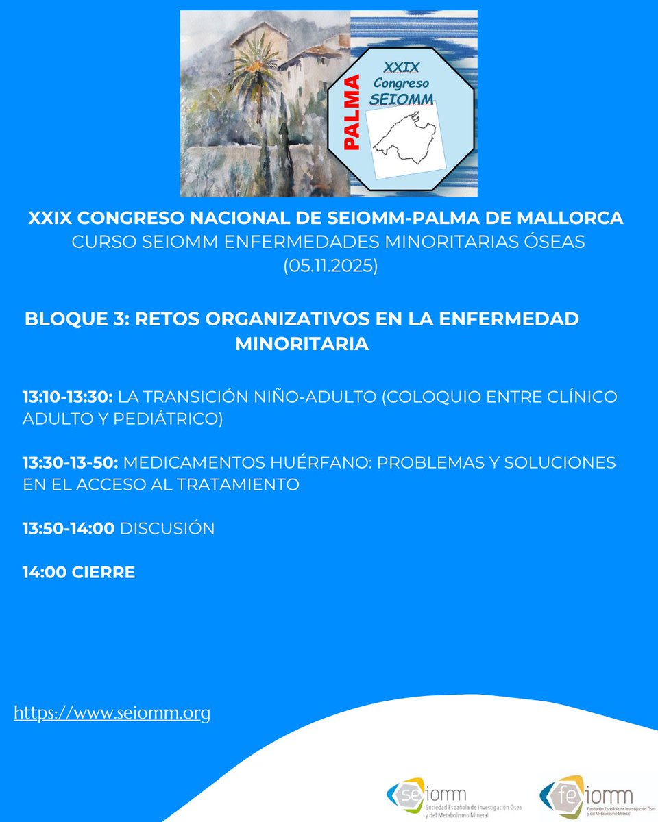 seiomm's tweet image. 📚 ¡Ya puedes consultar el programa preliminar del Curso SEIOMM sobre Enfermedades Minoritarias Óseas!
🗓 Se celebrará el 5 de noviembre de 2025, dentro del XXIX Congreso Nacional SEIOMM – Palma de Mallorca.
🕥 Comenzamos a las 10:30 h
#SEIOMM2025 #CongresoSEIOMM