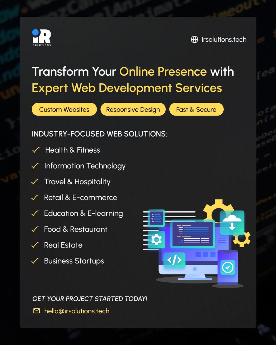 IRSolutions_'s tweet photo. Your website should do more than just exist, it should perform. IR Solutions delivers tailored web development services that align with your industry goals.💯

#webdevelopment #customwebsites #responsivewebdesign #uxuidesign #ecommercesolutions #digitalpresence https://t.co/6XDvNC5Eer