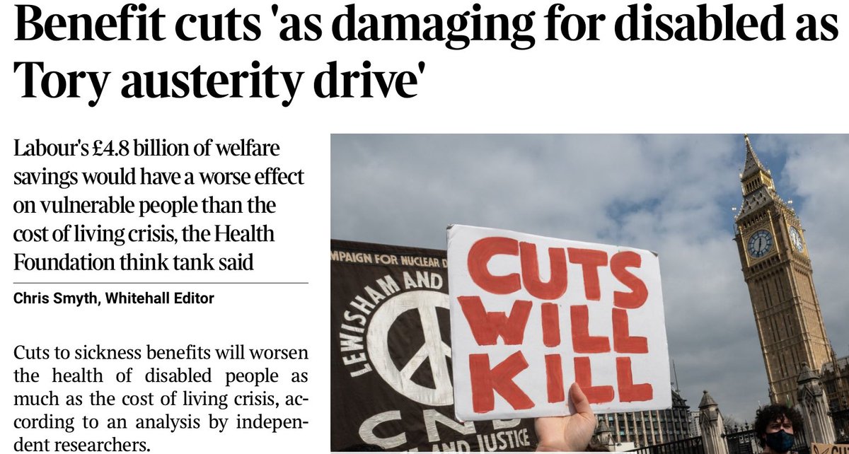 Taking £4.8bn off poor disabled people will worsen their health and fear of losing £4500 each already worsening their mental health, says Health Foundation charity bit.ly/43BRA7T as 170 Labour MPs threaten to vote against or abstain