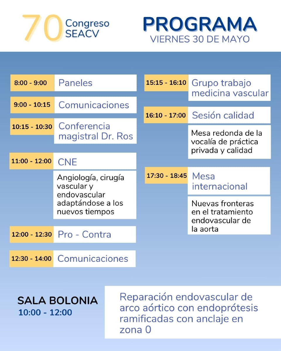 ⚠️ Recordatorio de nuestra último día del Congreso SEACV. 

Tendrán lugar➡️ comunicaciones, mesas de trabajo, paneles, una mesa internacional y para concluir el día, nuestra cena con entrega de premios.  

#congresoseacv #seacv #70congresoseacv #angiologia #cirugiavascular