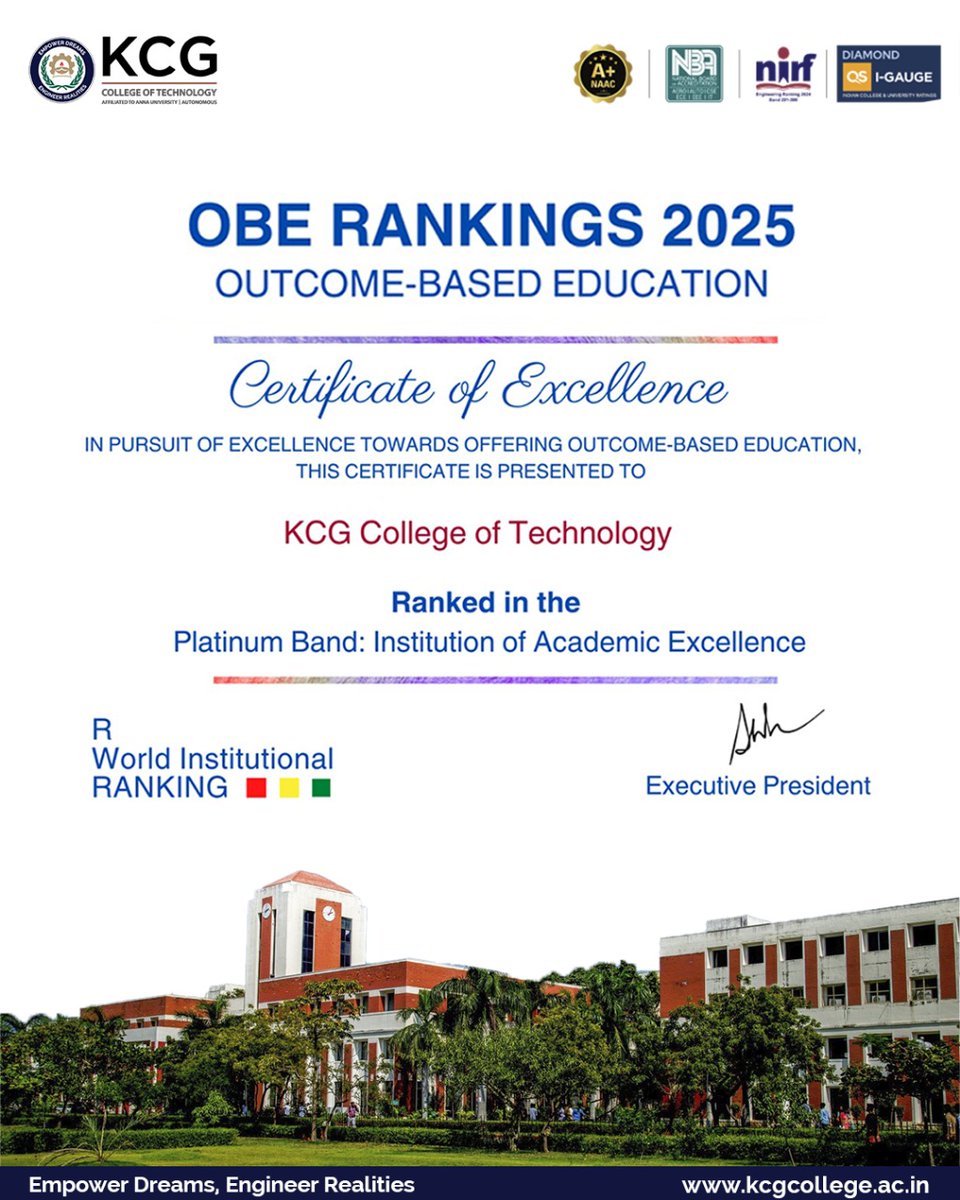 We are proud to share that KCG Tech has been recognized in the Platinum Band: Institution of Academic Excellence in the prestigious OBE Rankings 2025, awarded by R World Institutional Ranking.
#KCGCollege