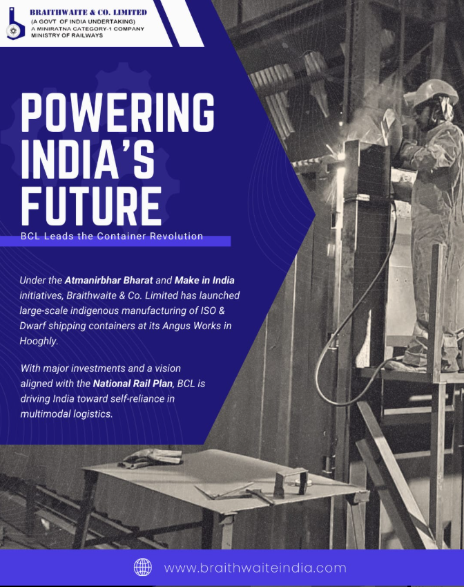 BraithwaiteKol's tweet photo. Powering India’s Future
Aligned with the Atmanirbhar Bharat and Make in India missions, BCL is driving self-reliance in logistics with large-scale indigenous container manufacturing.
#Braithwaite #BCLIndia #AtmanirbharBharat #MakeInIndia #ContainerManufacturing #NationalRailPlan https://t.co/iggPdoC6Q7