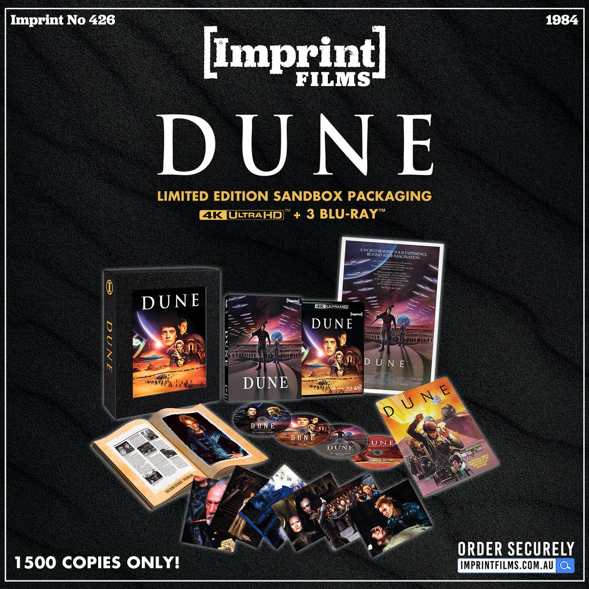 DUNE (1984) 🪐🐛🗡️

LIMITED EDITION SANDBOX PACKAGING

4K UHD + 3-Disc Blu-ray

1500 COPIES ONLY.

Before sci-fi master Denis Villeneuve helmed the franchise, surrealist auteur David Lynch crafted his epic vision based on the classic novel by Frank Herbert.

This strictly Limited