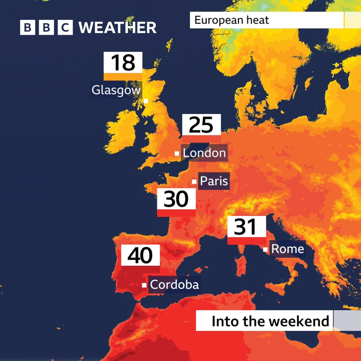 Matt Taylor (@metmatttaylor) on Twitter photo Exceptional late-May heat in parts of Spain and Portugal over the next few days 🥵
Here in the UK we get a brief (lesser) taste of the warmth today/tomorrow in eastern areas before fresher conditions sweep in for Sunday.
Full weekend forecast <a href="/BBCBreakfast/">BBC Breakfast</a> Exceptional late-May heat in parts of Spain and Portugal over the next few days 🥵
Here in the UK we get a brief (lesser) taste of the warmth today/tomorrow in eastern areas before fresher conditions sweep in for Sunday.
Full weekend forecast <a href="/BBCBreakfast/">BBC Breakfast</a>