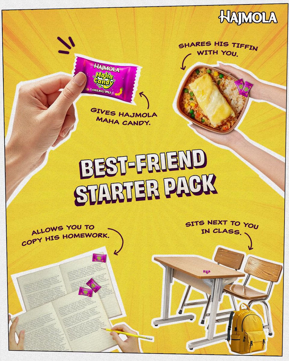 Pakki Dosti Ki Shuruwaat, 
Hajmola Maha Candy Ke Saath! 

#BestFriendStarterPack  #friend #Hajmola #Dabur #trending  #Hajmola #Chatkara #DaburHajmola #MrAam #LimCola #ChatCola #Regular #Pudina #Imli #Anardana #Flavours #HajmolaKaChatkara
