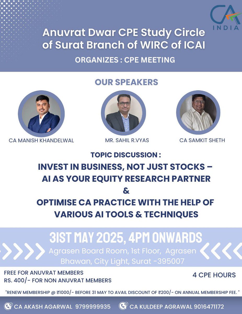 manishkhandu's tweet photo. Excited to speak at the CPE Meet by Anuvrat Dwar CPE Study Circle, Surat on 31st May 2025!

🎯 Invest in Business, Not Just Stocks – AI as Your Equity Research Partner
🤖 Optimise CA Practice with AI Tools

#CA #ICAI #AIinFinance #CPE #EquityResearch #WIRC #FinanceWithAI https://t.co/lLtEBVtEcD
