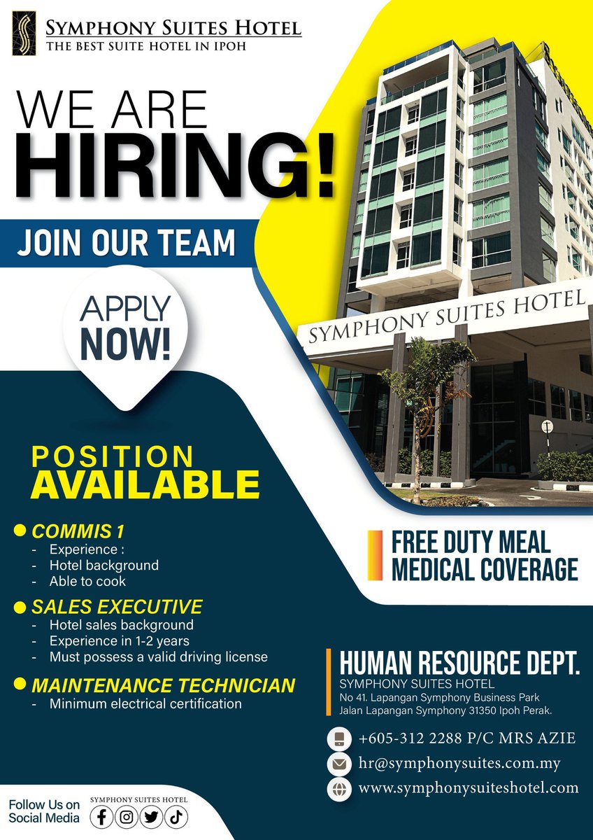 SuitesSymphony's tweet photo. Join Our Team. Grow With Us.
We’re hiring passionate individuals who believe in warm hospitality, great service, and meaningful careers.
Be part of a dynamic team in a 4-star hotel setting.

📍 Symphony Suites Hotel Ipoh
📩 Apply now at hr@symphonysuiteshotel.com.my
#HotelJobs https://t.co/QCPpBxmf38