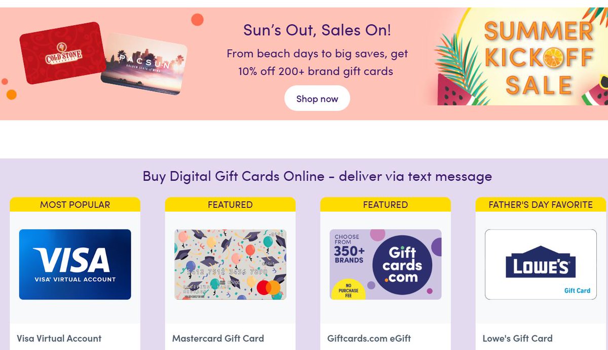 Don't know what to buy them? Give the Gift they Really Want!  
Giftcards. com Summer Kickoff! Get 10% OFF #Coupon 5/23 - 5/31 
bit.ly/giftcards-deals
:)