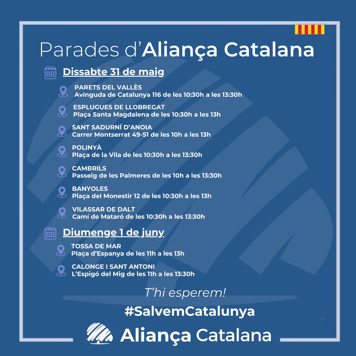 📢 Aquest cap de setmana tornem a sortir al carrer! Ens trobaràs a les nostres parades arreu del territori per parlar, escoltar i compartir idees. Vine a saludar-nos i a construir el futur plegats! 🤝
#SalvemCatalunya amb <a href="/CatalunyaAC/">Aliança Catalana</a>