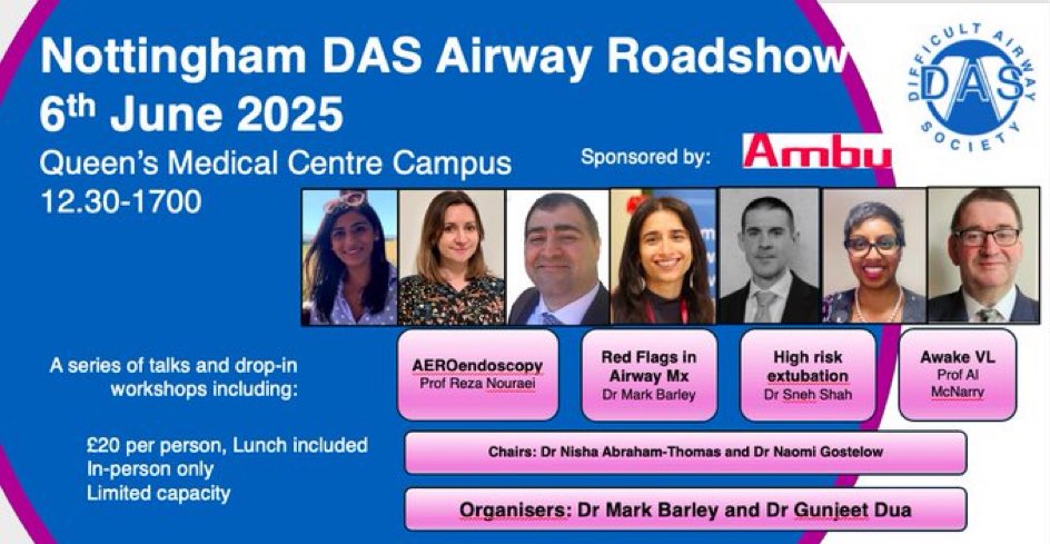 Difficult Airway Society (DAS) Residents (@dasresidents) on Twitter photo 1 week to go until our DAS roadshow symposium! Grab yourself one of our final places!
bookcpd.com/course/DASroad…
<a href="/LarynxUK/">Prof Reza Nouraei</a>
<a href="/gunjeet99/">Gunjeet Dua</a>
<a href="/Chronotrope/">Mark Barley</a>
<a href="/LondonSneh/">Sneh Shah</a>
<a href="/altgm/">alistair mcnarry</a>
<a href="/dasairway/">Difficult Airway Society (DAS)</a> 1 week to go until our DAS roadshow symposium! Grab yourself one of our final places!
bookcpd.com/course/DASroad…
<a href="/LarynxUK/">Prof Reza Nouraei</a>
<a href="/gunjeet99/">Gunjeet Dua</a>
<a href="/Chronotrope/">Mark Barley</a>
<a href="/LondonSneh/">Sneh Shah</a>
<a href="/altgm/">alistair mcnarry</a>
<a href="/dasairway/">Difficult Airway Society (DAS)</a>