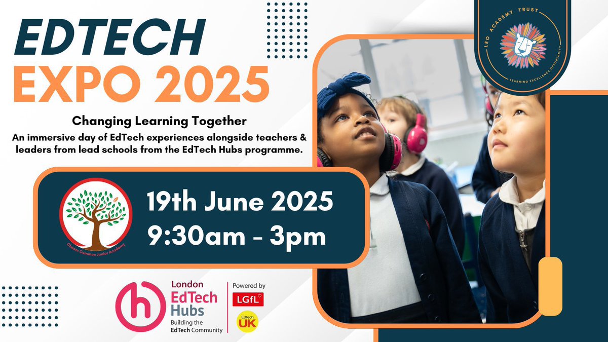 LEO Academy Trust (@leoacademies) on Twitter photo 💬 London EdTech Hubs Expo 2025
An immersive day of EdTech experiences alongside teachers & leaders from lead schools from the national EdTech Hubs programme.
📆 19 June
⏰ 09:30
📍 <a href="/CCJacademy/">Cheam Common Junior</a>
Free to attend!
ℹ️ drive.google.com/file/d/1v9Uper…
Booking now👇
booking.lgfl.net/book/add/p/199 💬 London EdTech Hubs Expo 2025
An immersive day of EdTech experiences alongside teachers & leaders from lead schools from the national EdTech Hubs programme.
📆 19 June
⏰ 09:30
📍 <a href="/CCJacademy/">Cheam Common Junior</a>
Free to attend!
ℹ️ drive.google.com/file/d/1v9Uper…
Booking now👇
booking.lgfl.net/book/add/p/199