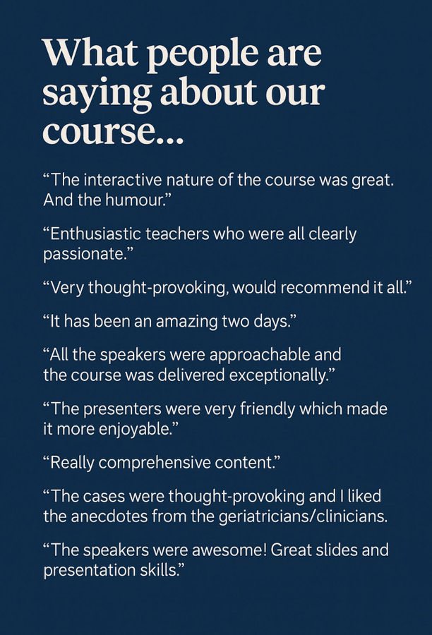 Our next course 25-26 June features the one and only Ken Rockwood sharing pearls on examining older people. 

And all the same content that got this feedback

A few spaces in person left. Online places also available

Book now. 12 CPD points from £80

leedsfrailtyeducation.co.uk