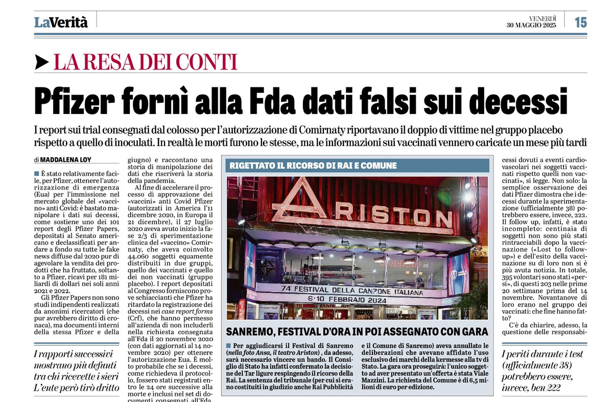 I documenti sull’autorizzazione concessa al “vaccino” anticovid depositati al Senato Usa indicano che Pfizer registrò con grave ritardo alcuni decessi nel gruppo vaccinati, DOPO aver già consegnato i dati per la richiesta a Fda. E così sembrò che il vaccino fosse “sicuro” e