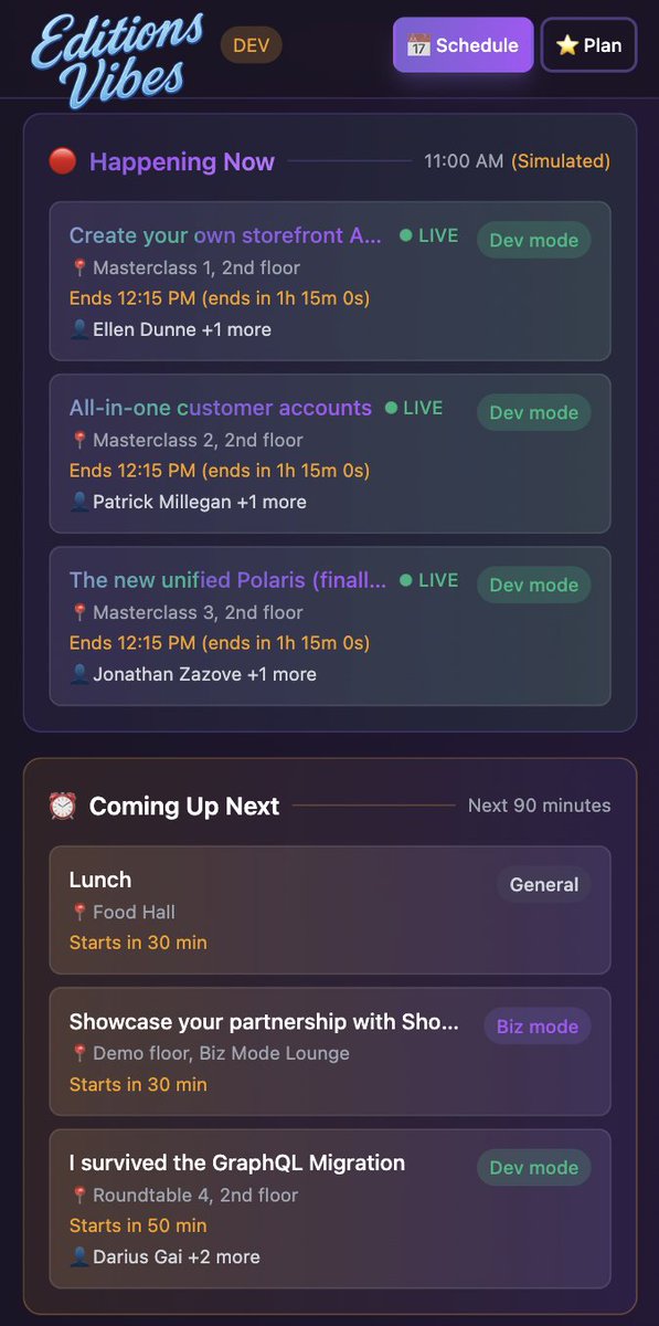 ivalsaraj's tweet photo. 🌈 📷 (My Secret Weapon today) @Shopify @ShopifyDevs Editions 2025 in Vibrant Vibes - Schedules on Steroids (Try App in comments) whoo ho!!  

✅ LIVE SESSION → Real-time countdowns show exactly when sessions end ("ends in 12m"), "Live" now.

✅ One click to calendar.

(1/n) https://t.co/W09840F4uV